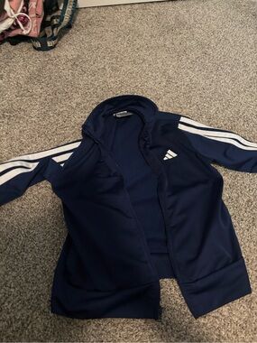 adidas Navy Blue Kids Hooded Track Jacket with White Stripes